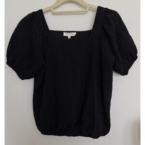 Solitaire Women’s Black Eyelet Lace Top Puff Sleeve Black Bohemian Sz Small